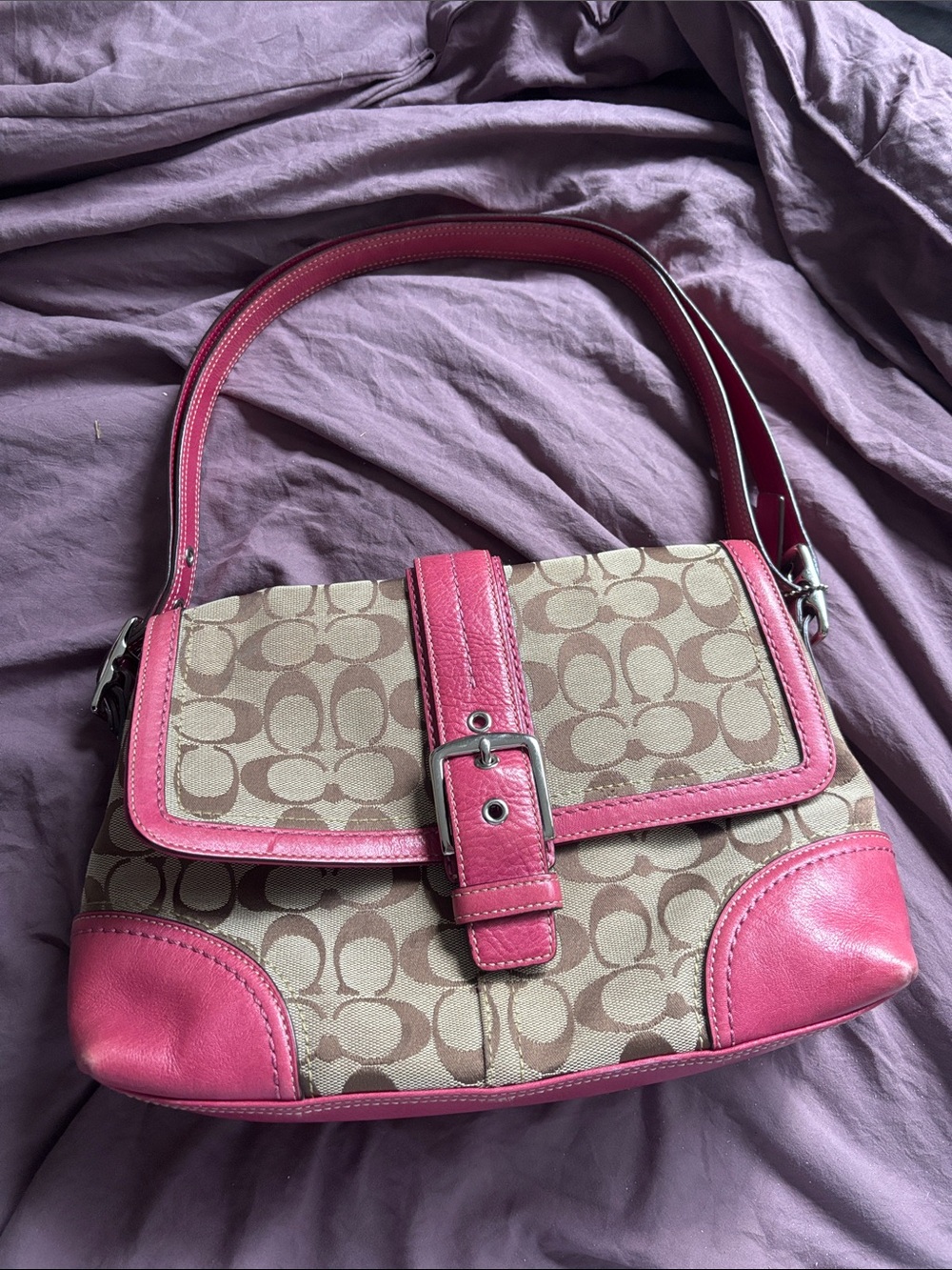 Coach Pink Trim Signature Canvas Shoulder Bag
